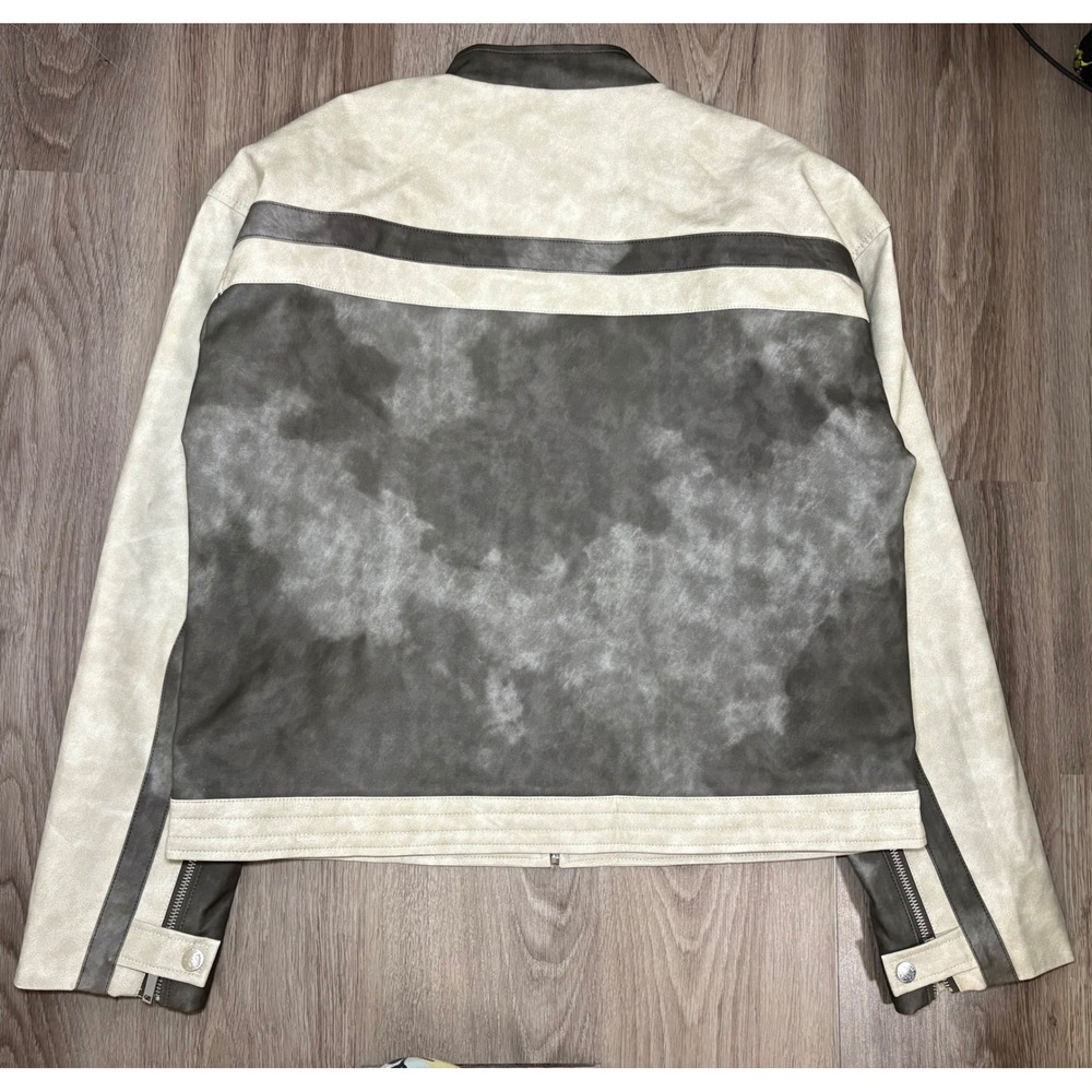 Superdown Womens Moto Jacket Grey Cream Distressed Faux Leather Racer Size M - Picture 12 of 14